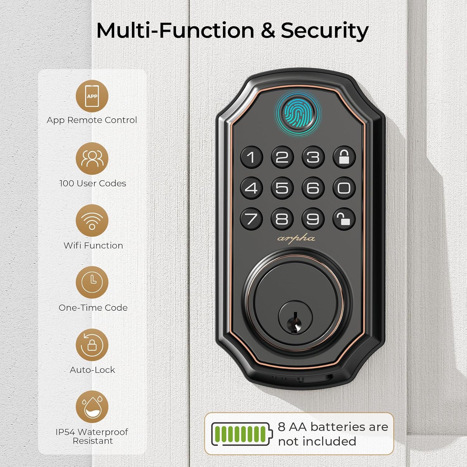 WiFi Door Lock D280W, Keyless Entry Door Lock Fingerprint, Bulit-in WiFi Deadbolt, App Remote Control, Electronic Keypad Door Lock, Safety Front Door Lock, Support Alexa, Auto Lock, Easy Installation - Image 2