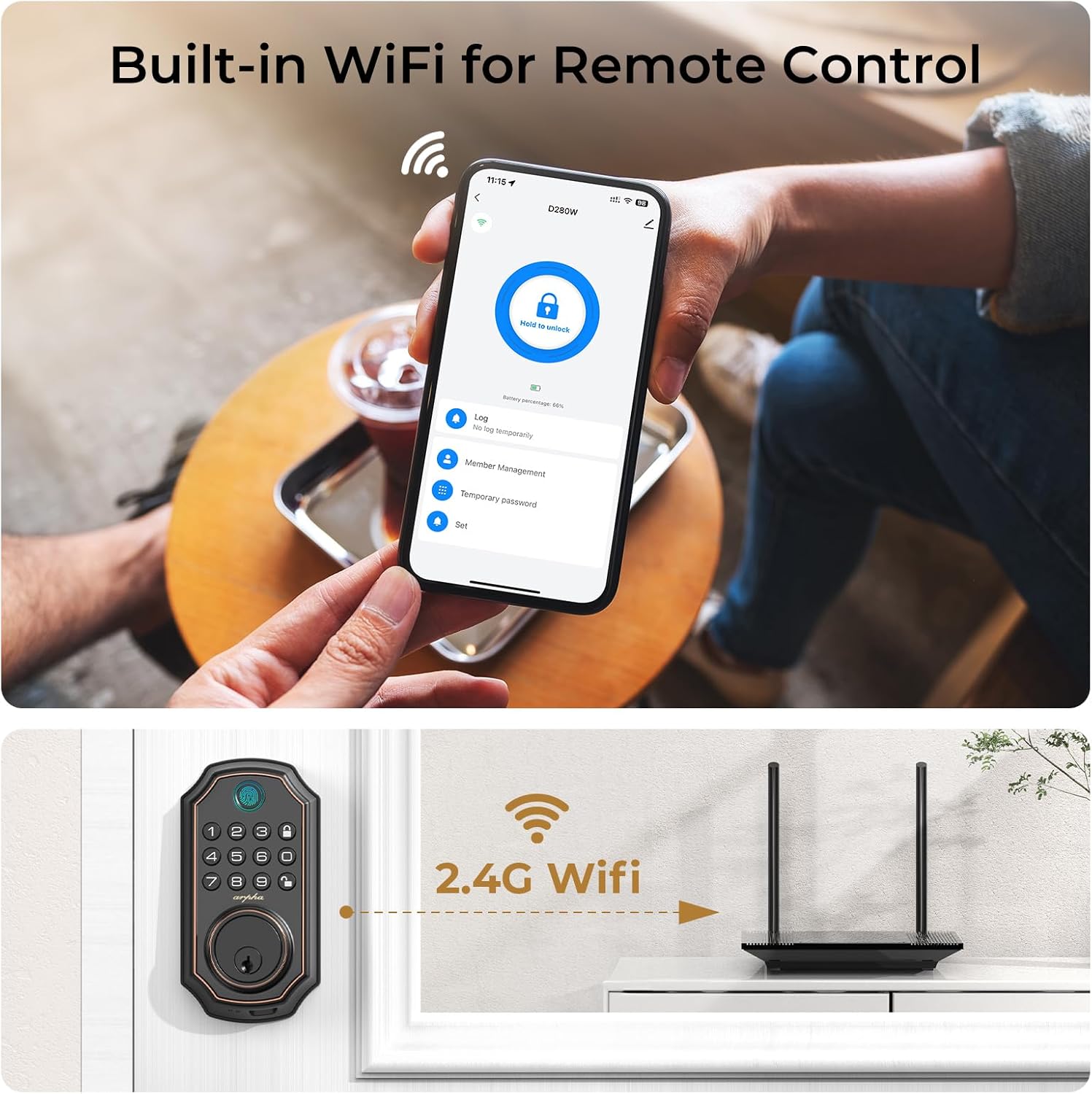 WiFi Door Lock D280W, Keyless Entry Door Lock Fingerprint, Bulit-in WiFi Deadbolt, App Remote Control, Electronic Keypad Door Lock, Safety Front Door Lock, Support Alexa, Auto Lock, Easy Installation - Image 3