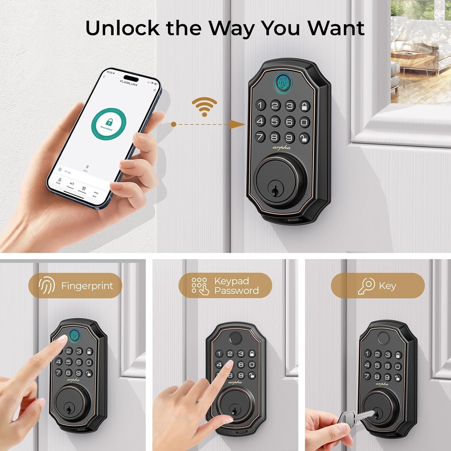 WiFi Door Lock D280W, Keyless Entry Door Lock Fingerprint, Bulit-in WiFi Deadbolt, App Remote Control, Electronic Keypad Door Lock, Safety Front Door Lock, Support Alexa, Auto Lock, Easy Installation - Image 4